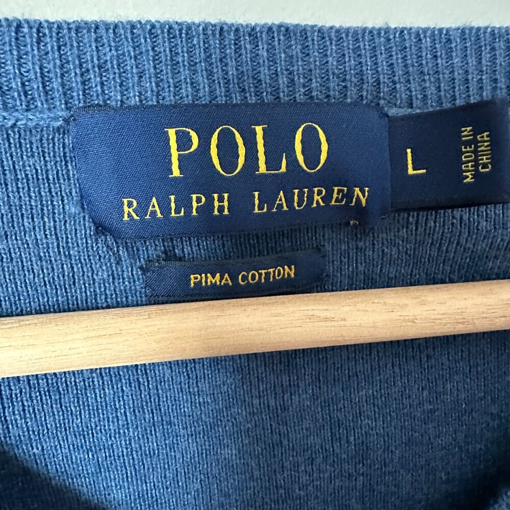 Polo Ralph Lauren Pima Cotton V-Neck Sweater Men's Size L Blue Yellow Pony - Picture 5 of 8